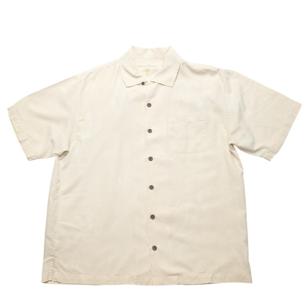 Tommy Bahama Silk Camp Shirt Mens Large Beige Tropical Leaf Jacquard S/S